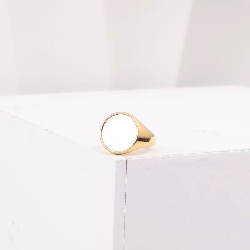 Joolim High End 18K Gold Plated Stainless Steel round Shell Statement Stamp Band Rings for Women Finger Ring Wholesale 16Mm