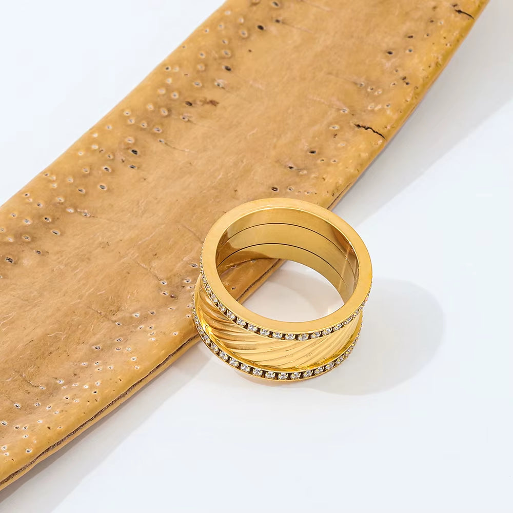 Joolim Jewelry Wholesale High End PVD No Fade Fashion Chunky Double Layer Zirconia Band Stainless Steel Ring for Women