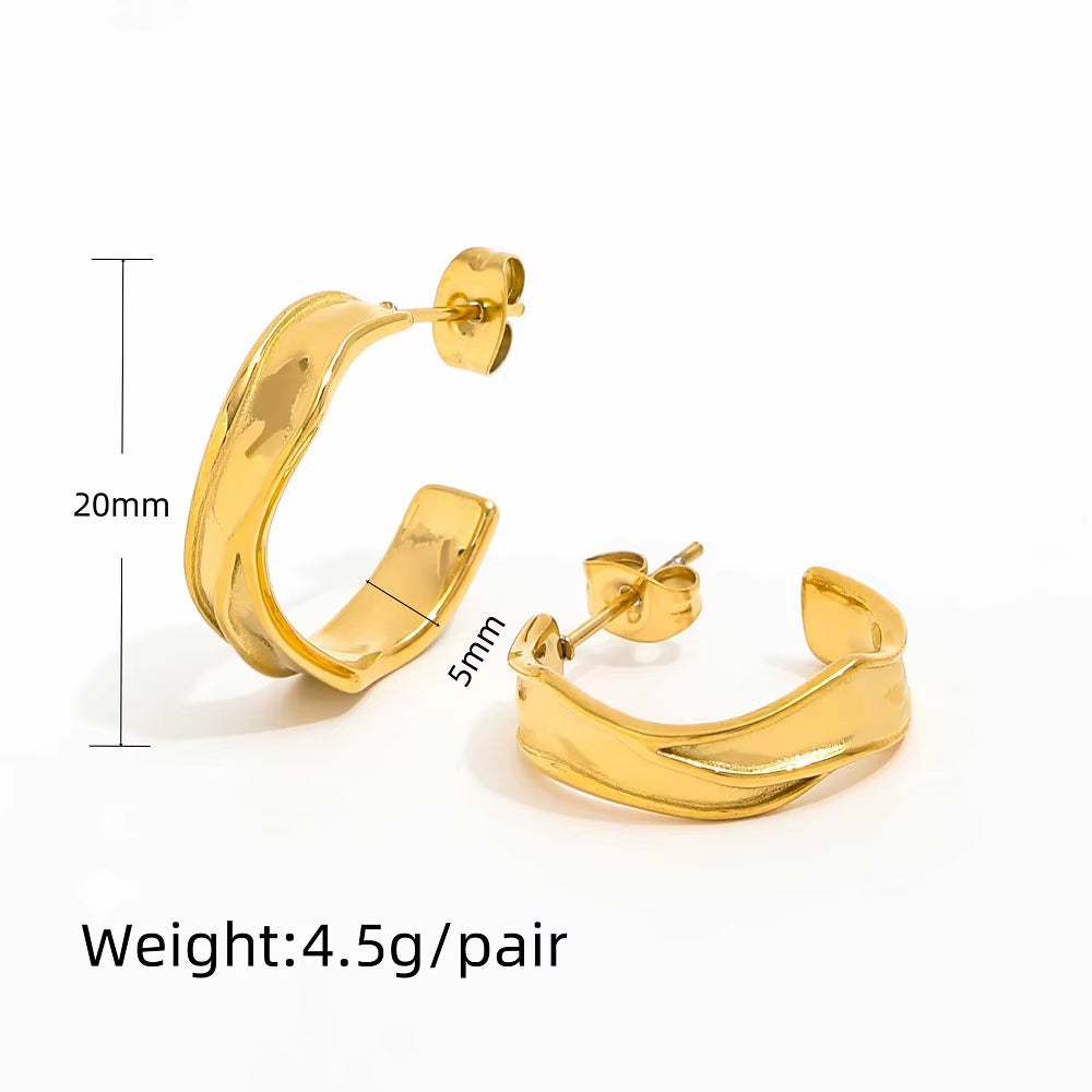 JOOLIM High End 18K Gold Plated Band C Wrinkle Chunky Hoop Earring Jewelry Stainless Steel for Women