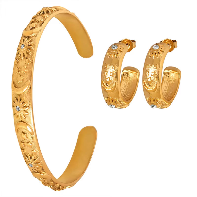 Trendy Earring 18K Gold Plated Dainty Moon Star Relief Zirconia Band C Hoop Earrings Stainless Steel Earrings Wholesale