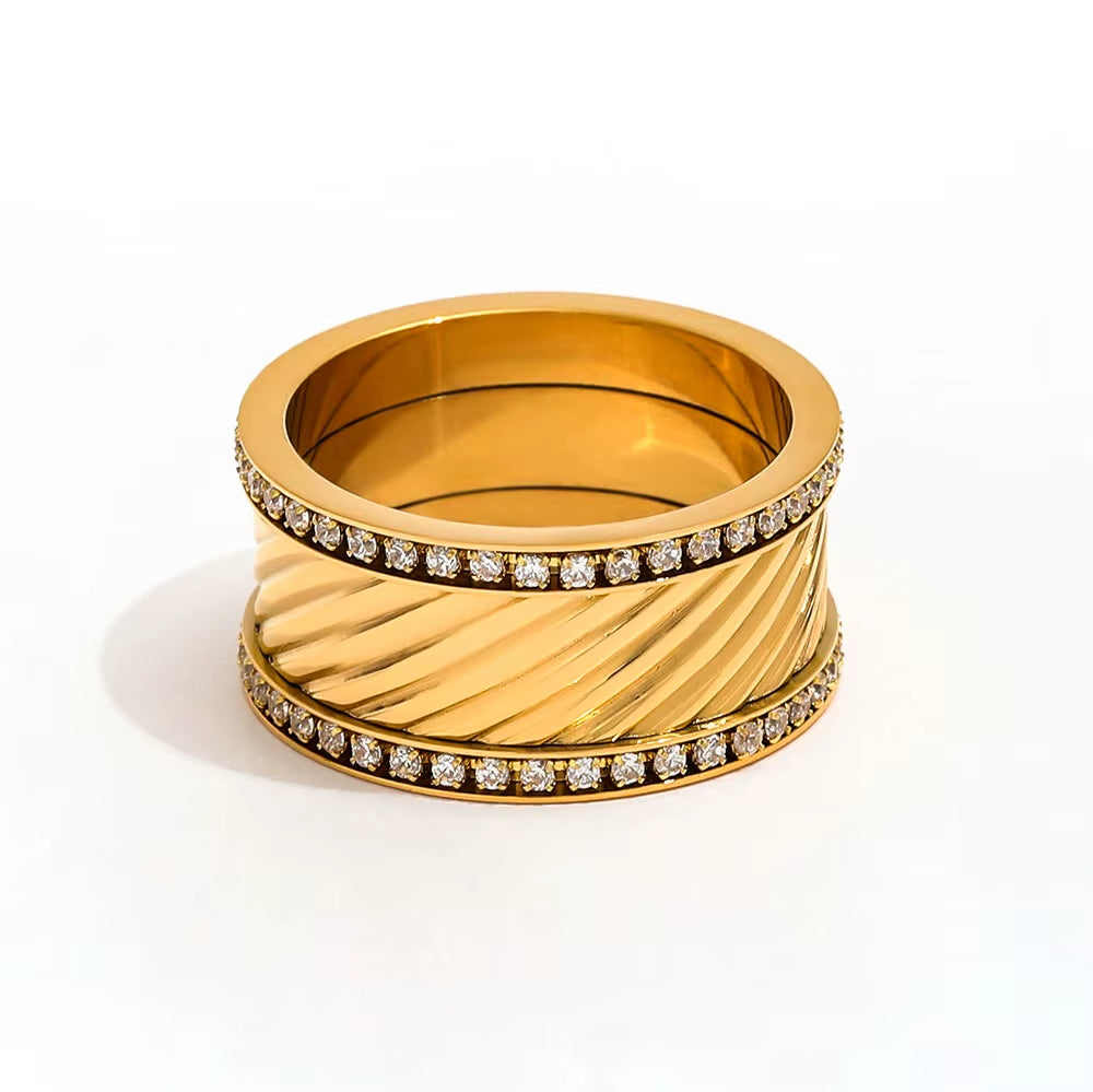 Joolim Jewelry Wholesale High End PVD No Fade Fashion Chunky Double Layer Zirconia Band Stainless Steel Ring for Women