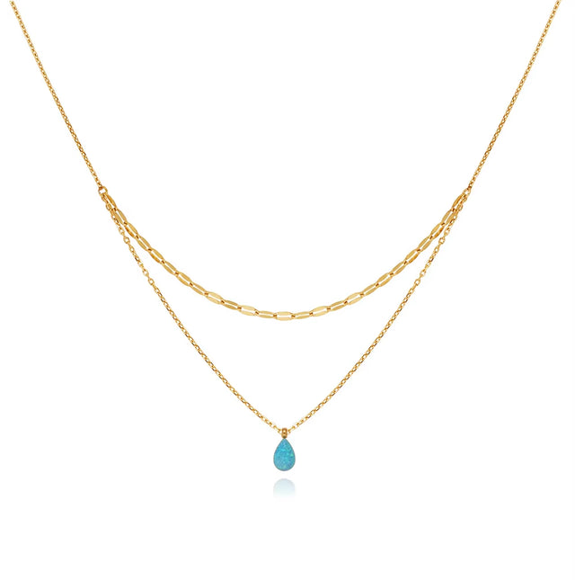 Joolim Jewelry 18K Gold Plated Blue Teardrop Artificial Stone Pendant Double-Layer Necklace Trendy Stainless Steel Jewelry