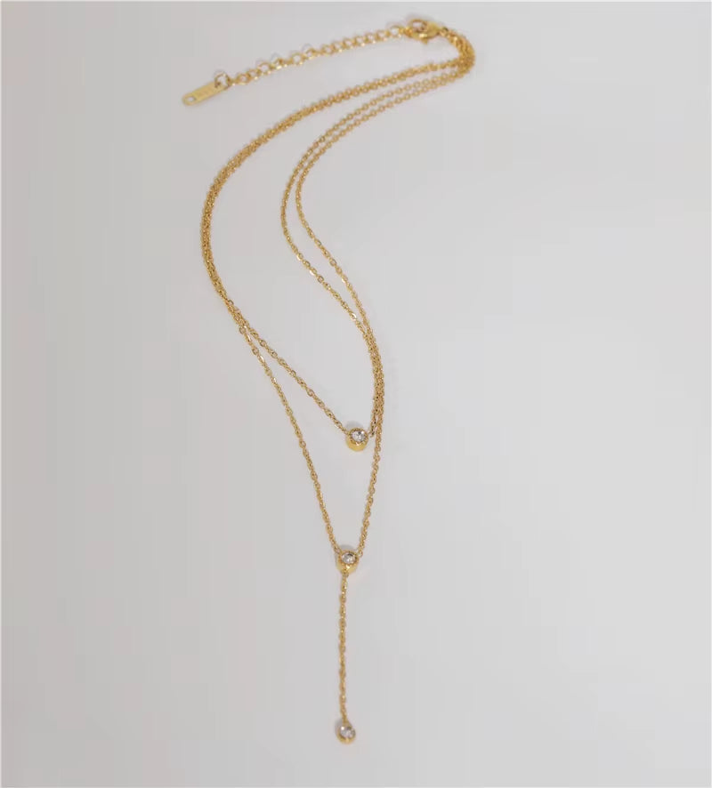 Joolim Jewelry Necklace 18K Gold Plated Dainty Elegant Cubic Zirconia Y Stainless Steel Layered Multi Layer Lariat Necklaces