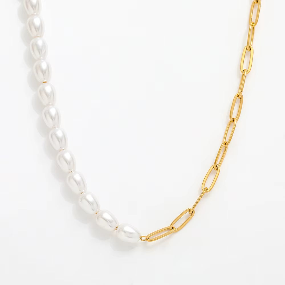 Waterproof & Tarnish Free 18K Gold Plated Paper Clip Freshwater Pearl Joint Necklace Trendy Stainless Steel Jewelry Wholesale