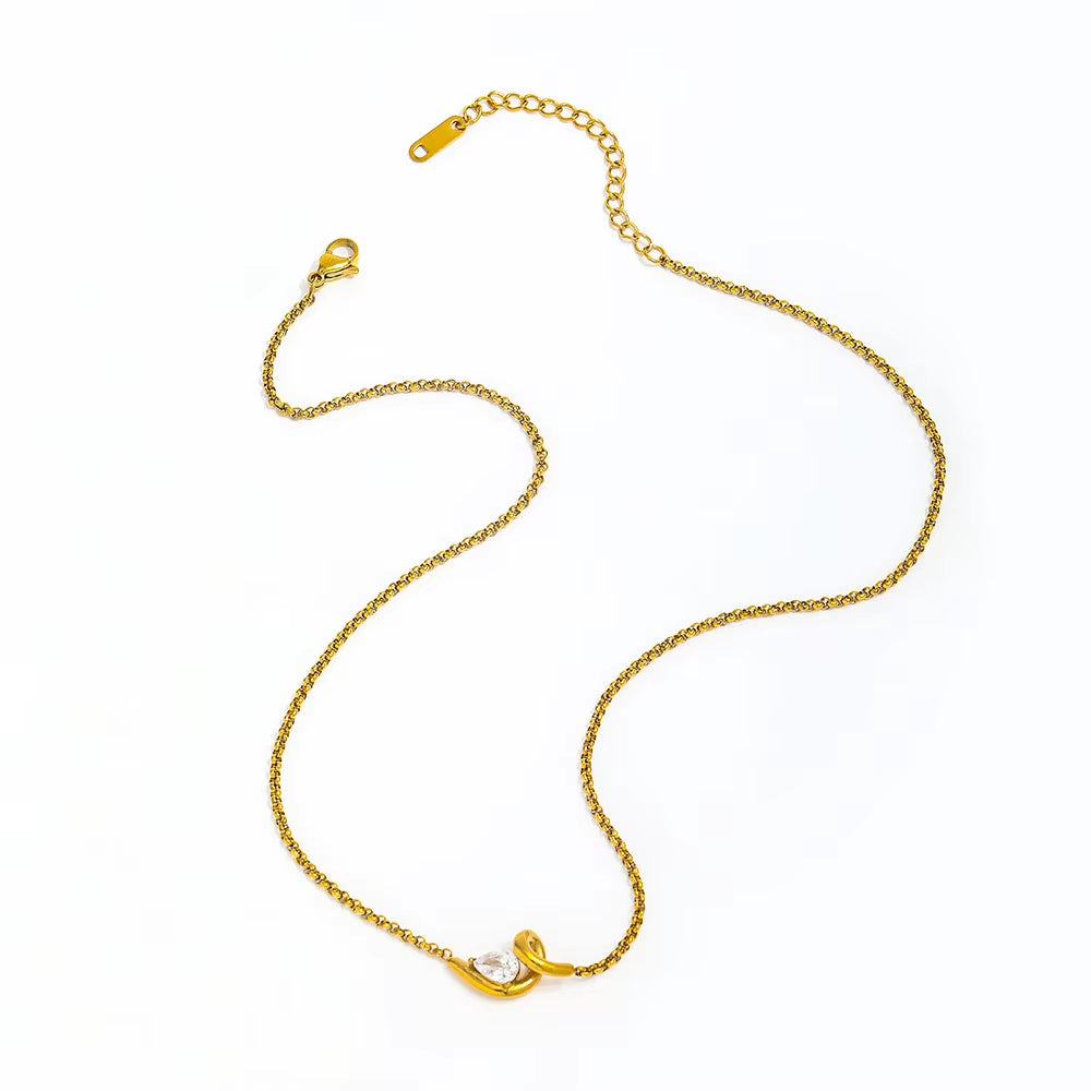 High-End 18K Gold Plated Stainless Steel Twist Waterdrop Zircon Pendant Necklace for Anniversary Occasions