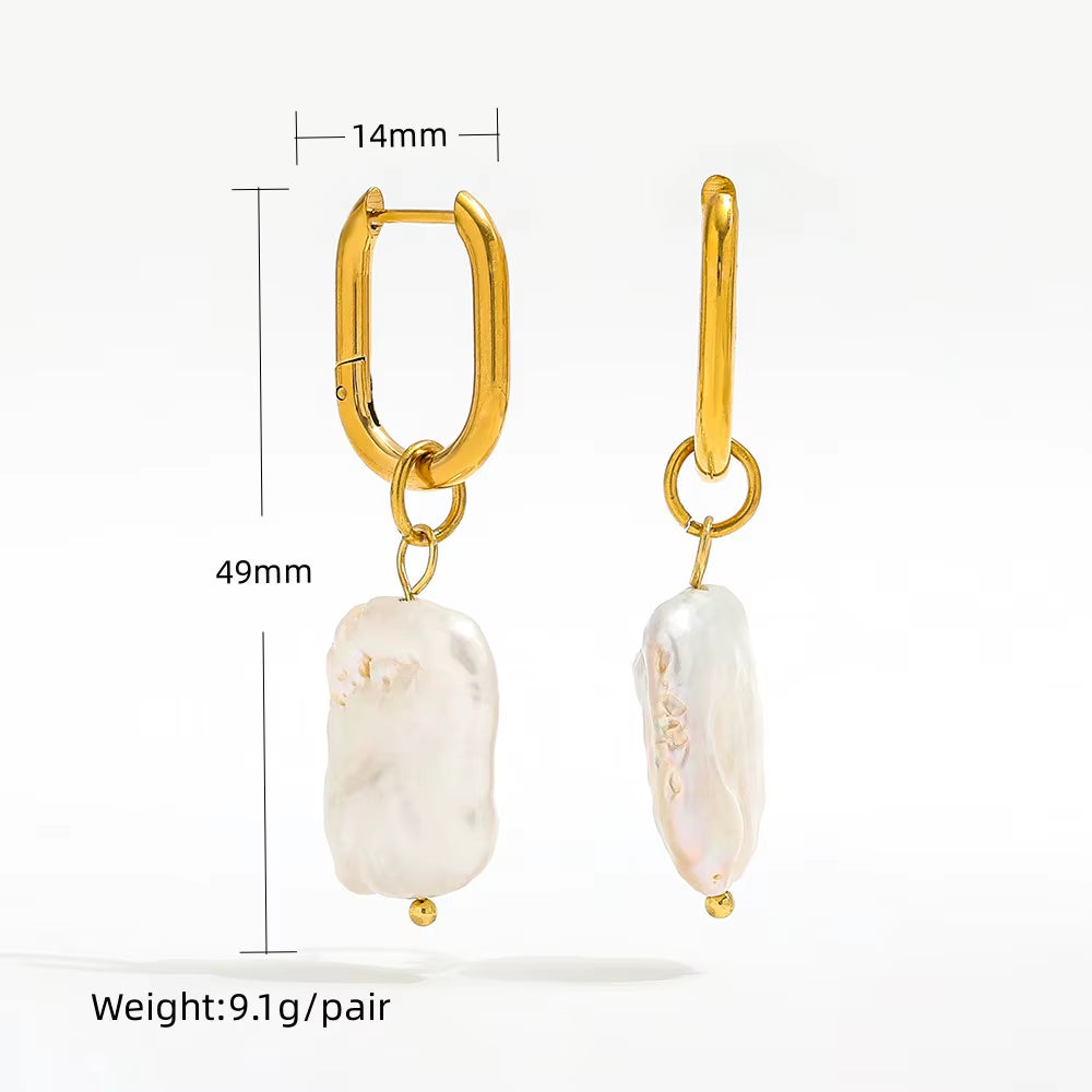 High End PVD 18K Gold Plated Waterproof Irregular Freshwater Pearl Pendant U Huggie Earring Stainless Steel Jewelry Wholesale