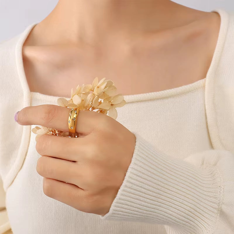 Joolim Jewelry Wholesale 18K Gold Plated Starry Sky Zirconia Gradient Stainless Steel Rings for Women Rings