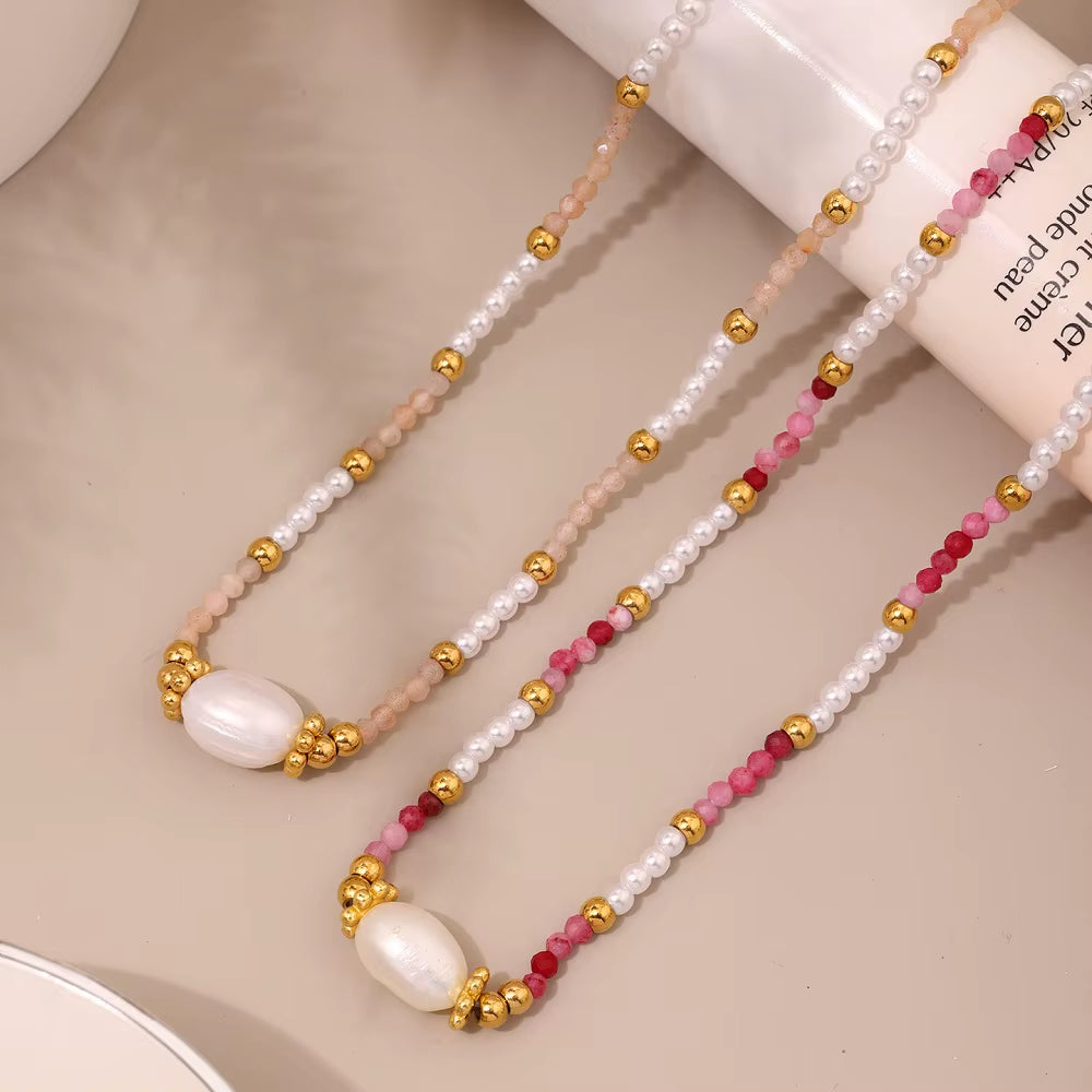 JOOLIM High End Stainless Steel Style Colorful Natural Stone Section Vintage Necklace 18K Gold Plated Jewelry Wholesale