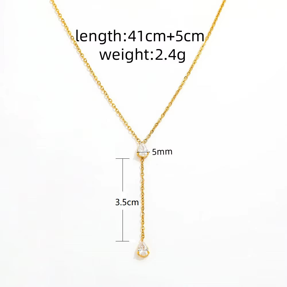 Joolim Jewelry 18K Gold Plated Stainless Steel Necklace Dainty Cubic Double Water Drop Zircon Y Tassel Trendy Parties Gifts