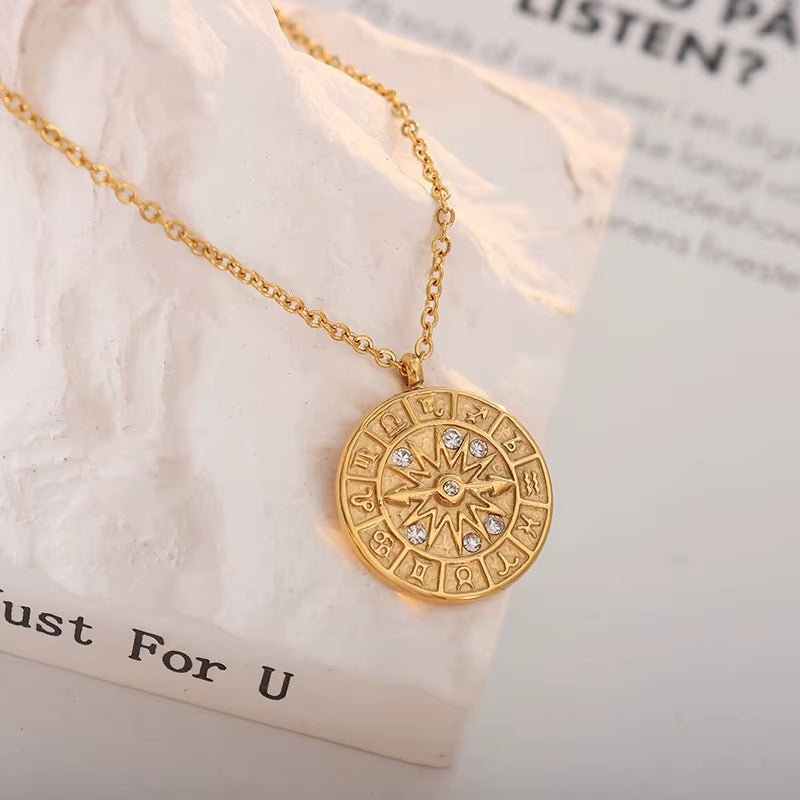 JOOLIM High End Stainless Steel Zirconia Zodiac Pointer Coin Pendant Necklace 18K Gold Plated Jewelry Wholesale