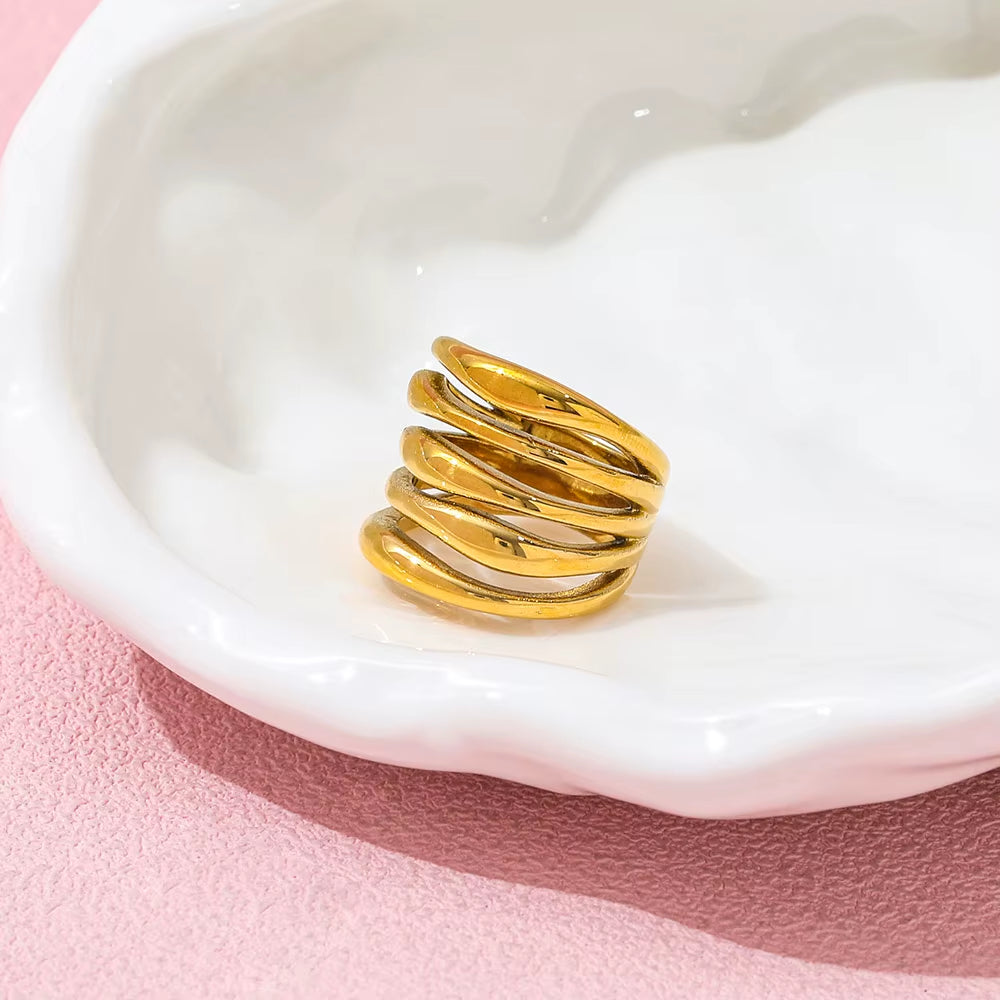 Tarnish Free High End 18K Gold Plated Hollow Multi-Layer Statement Band Ring for Women Stainless Steel Jewelry Gift Wholesale