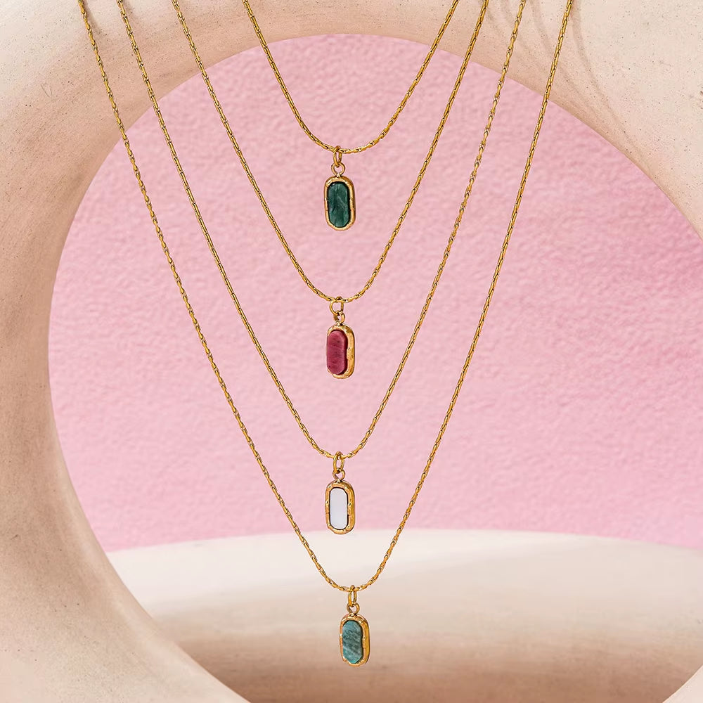 JOOLIM High End Stainless Steel Oval Colorful Natrual Stone Pendant Necklace 18K Gold Plated Jewelry Wholesale