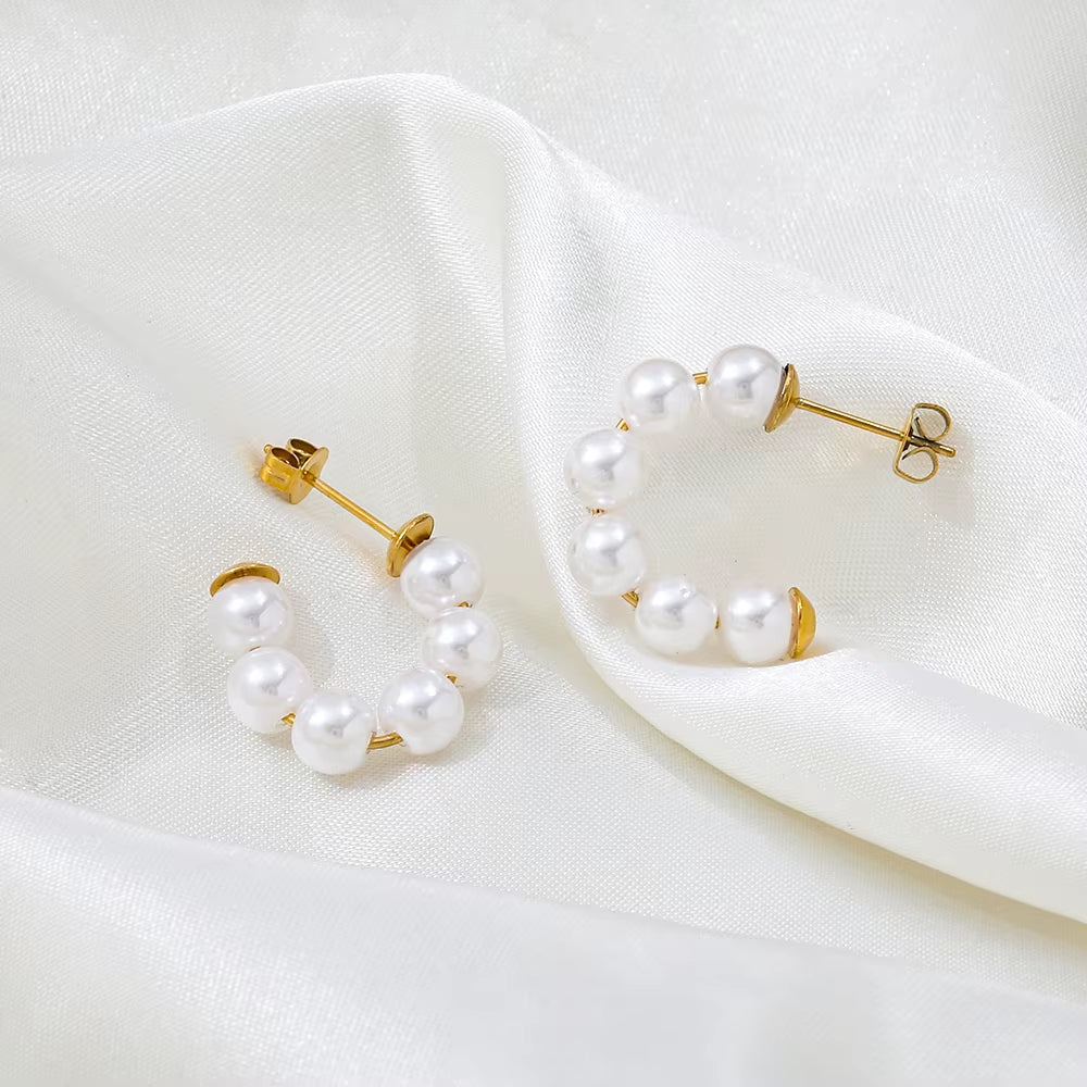 Joolim Jewelry round Glass Pearl Hoop Earring 18K Gold Plated Stainless Steel Women Earring for Women