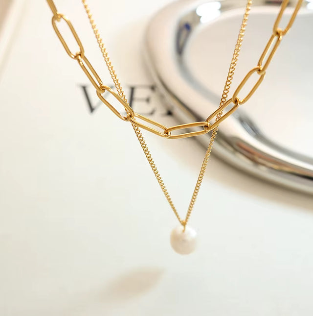JOOLIM Ready to Ship High End 18K Gold Plated Stainless Steel Single Fresh Water Pearl Pendant Double-Layer Chain Necklace