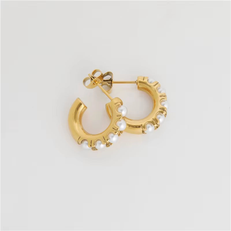 New Trendy Earring 18K Gold Plated Basic Pearl Hoop Earrings for Women Stainless Steel Fashion Jewelry Wholesale