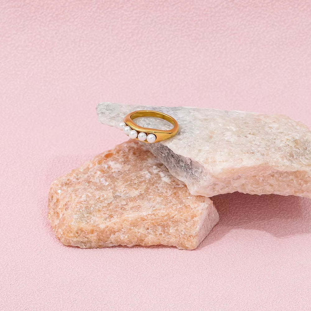 Joolim Jewelry Wholesale 18K Gold Plated Dainty Little Fresh Water Pearl Stainless Steel Rings for Women Statement Rings