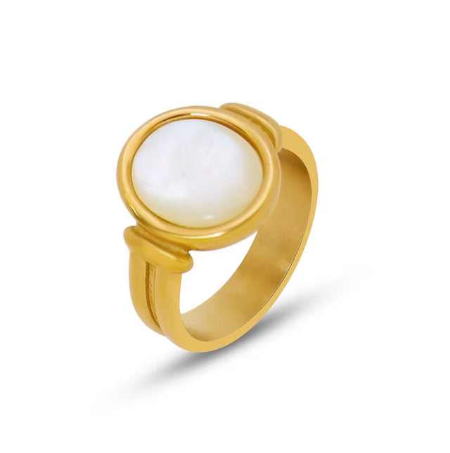 High End 18K Plain Gold Vintage White Shell Stainless Steel Rings for Women Tarnish Free & Waterproof Jewelry