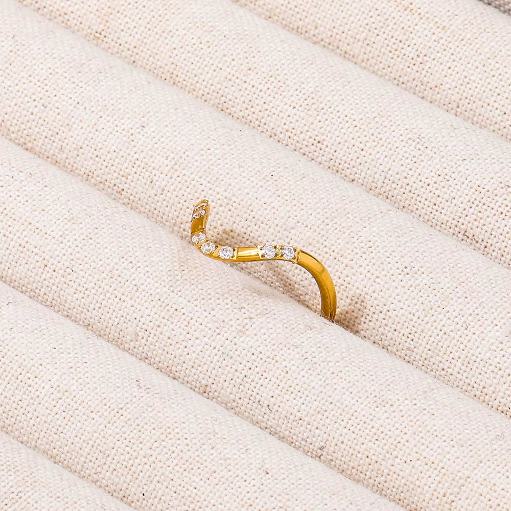 Joolim Jewelry Wholesale 18K Gold Plated Dainty 8 Zirconia CNC Inlay Waved Lines Stainless Steel Ring for Women Gift