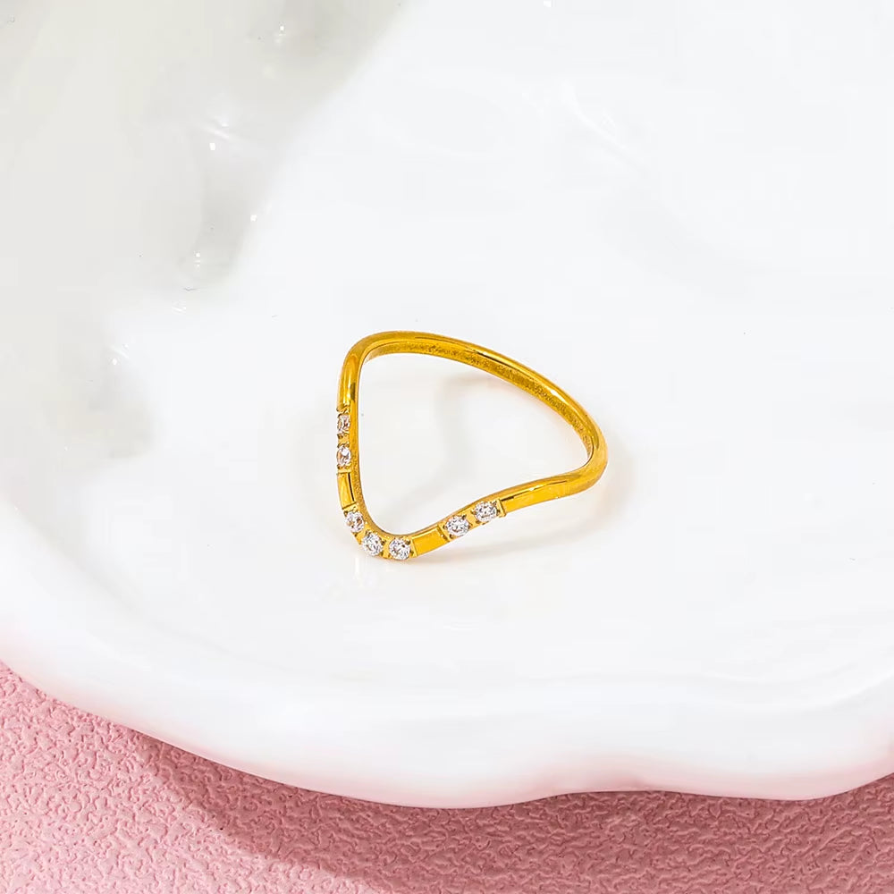 Joolim Jewelry Wholesale 18K Gold Plated Dainty 8 Zirconia CNC Inlay Waved Lines Stainless Steel Ring for Women Gift