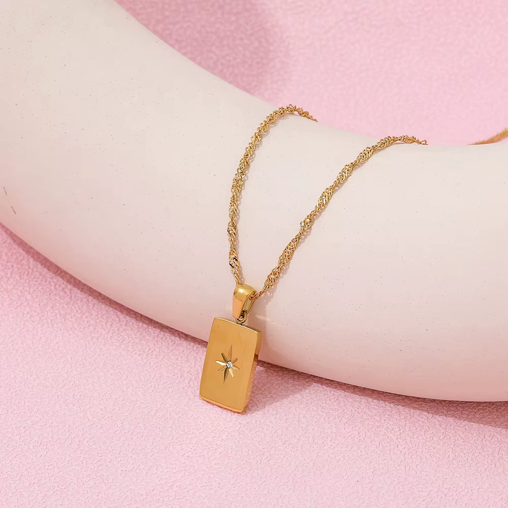 Joolim Jewelry 18K Gold PVD Plated North Star Rectangle Necklace Stainless Steel Necklace Tarnish Free Waterproof Gold Jewelry
