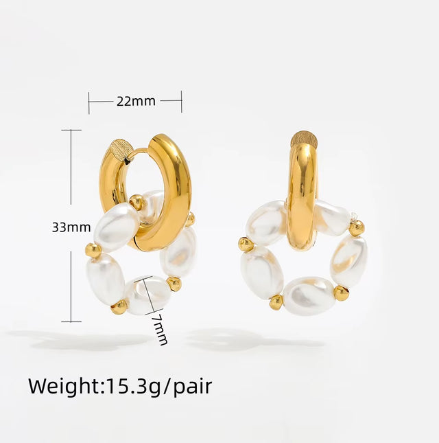 High End PVD 18K Gold Plated Waterproof Pearl String Pendant Chunky Huggie Earrings Stainless Steel Jewelry Wholesale