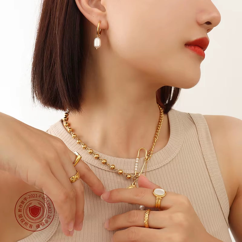 JLE0228 New Trendy 18K Gold Plated Elegant Dainty Fresh Water Pearl Stainless Steel Hoop Earrings for Women