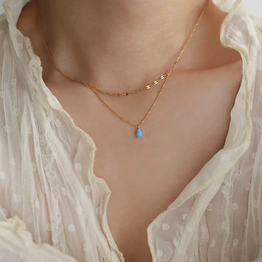 Joolim Jewelry 18K Gold Plated Blue Teardrop Artificial Stone Pendant Double-Layer Necklace Trendy Stainless Steel Jewelry