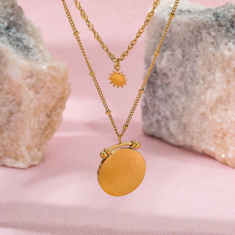 Joolim Jewelry Gold Plated Stainless Steel Layered Coin Pendant Necklace Trendy Necklace Wholesale