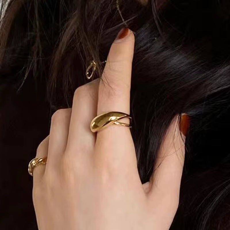 Joolim Jewelry 18K Gold Plated Waterproof Tarnish Free Stainless Steel Chunky Double-Layer Cross Dome Rings for Women