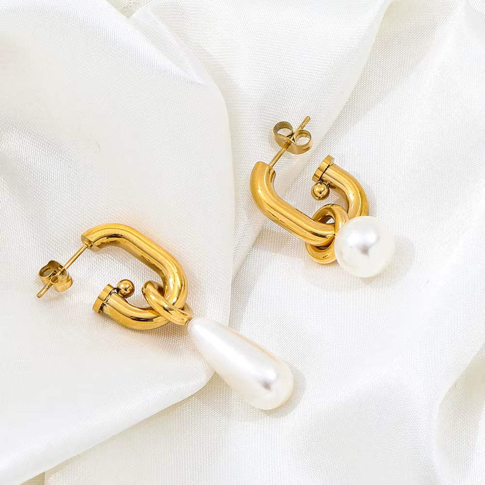 Joolim 18K Gold Plated Wholesale No Fade Elegant Detachable Teardrop round Pearl Hoop Earring Stainless Steel Jewelry