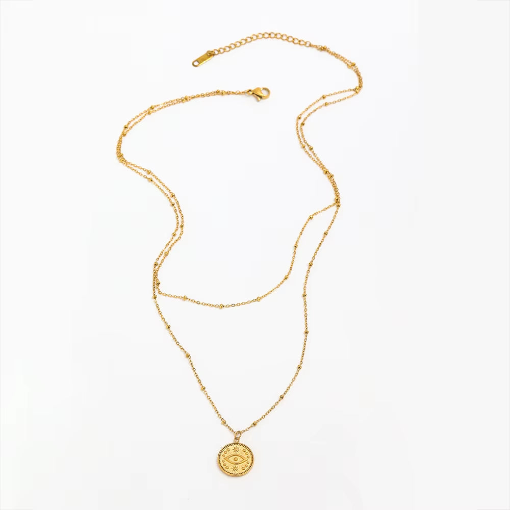 Joolim Jewelry 18K Gold Plated 2 Rows Eye Pendant Necklace Multi Layer Necklace Trendy Jewelry