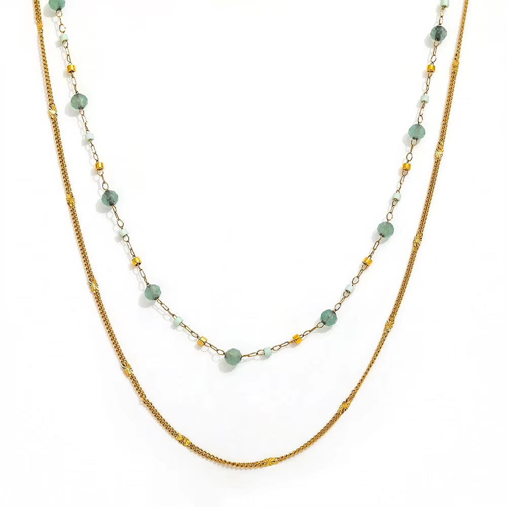 JOOLIM High End Stainless Steel Green Natrual Stone Double Layer Necklace 18K Gold Plated Jewelry Wholesale