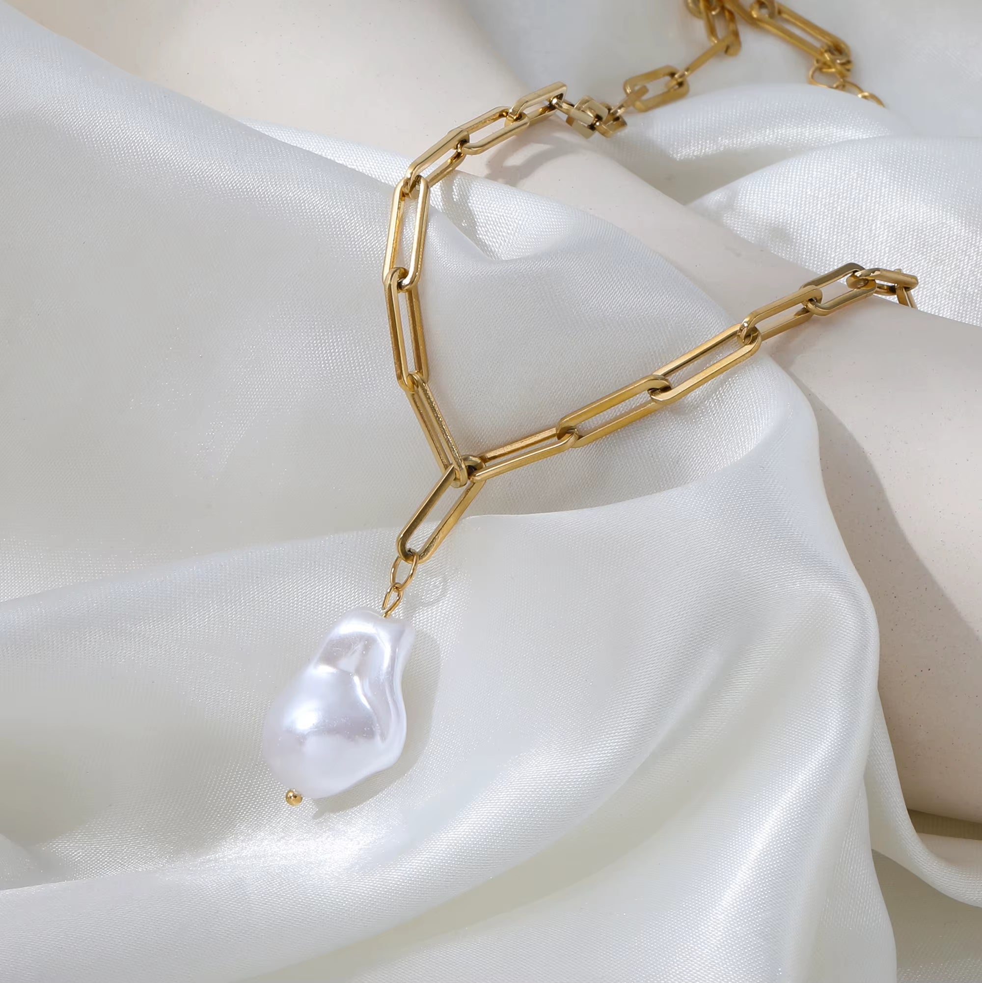 Joolim Jewelry 18K Gold Plated Link Chain Necklace Pearl Pendant Necklace