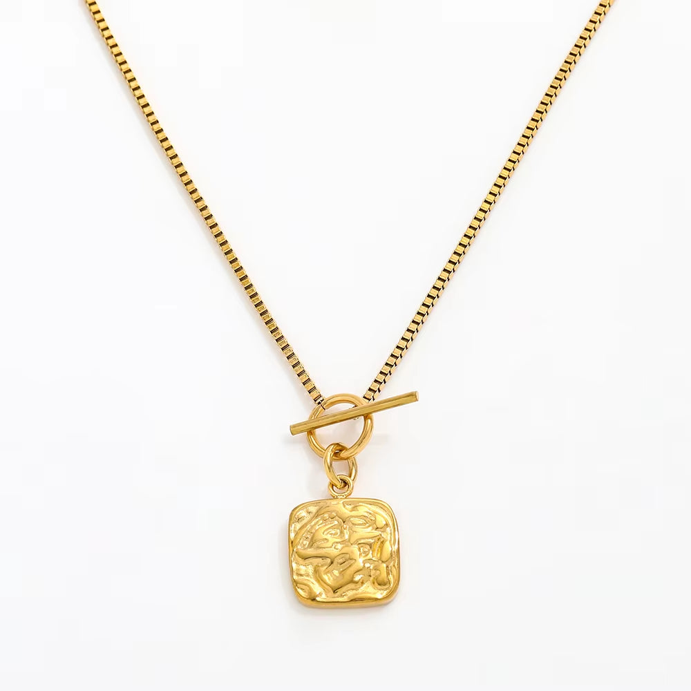 High End 18K Gold Plated Texture Toggle Square Pendant Necklace Stainless Steel PVD Plated Jewelry Trendy Jewelry Women Gift