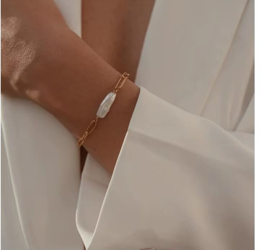 Joolim 18K Gold Plated Irregular Real Natural Freshwater Pearl Stainless Steel Paper Pin Necklace Bracelet Earring Jewelry Set