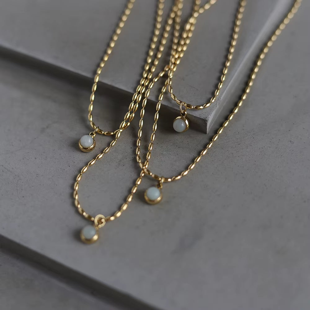 Joolim 18K Gold Plated Mung Bean round Natrual Stone Pendant Bead String Necklace Stainless Steel Tarnish Free Summer Jewelry