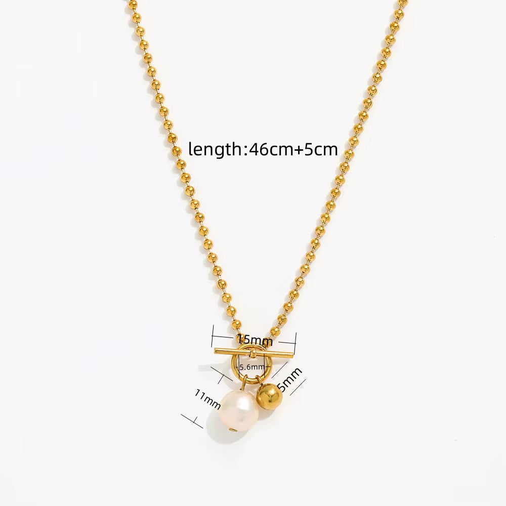 Joolim Jewelry 18K Gold Plated Fresh Water Pearl Pendant Toggle Bead Chain Necklace Stainless Steel Jewelry