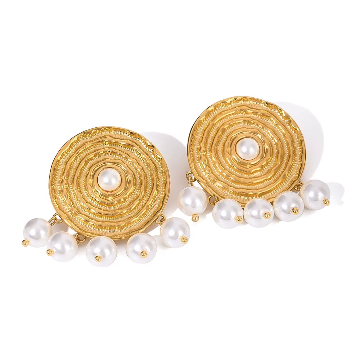 18K Gold Stainless Steel Faux Pearl round Textured Design Hoop Earrings Inspired by Classic Elegance