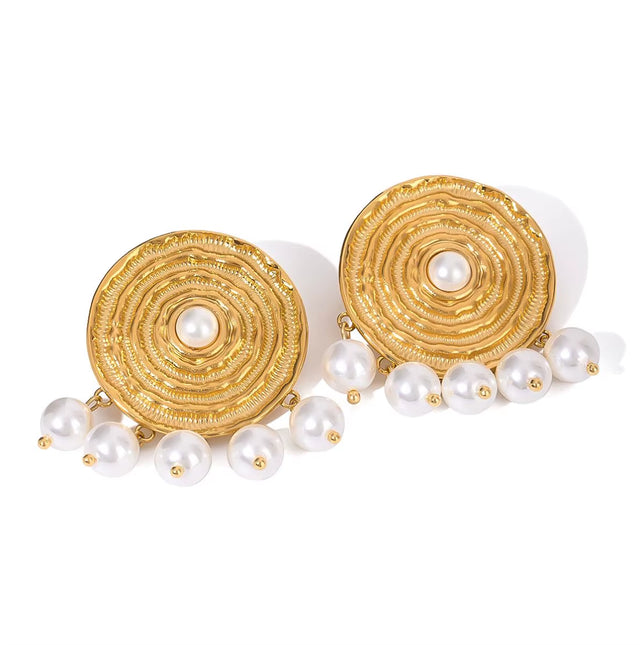 18K Gold Stainless Steel Faux Pearl round Textured Design Hoop Earrings Inspired by Classic Elegance