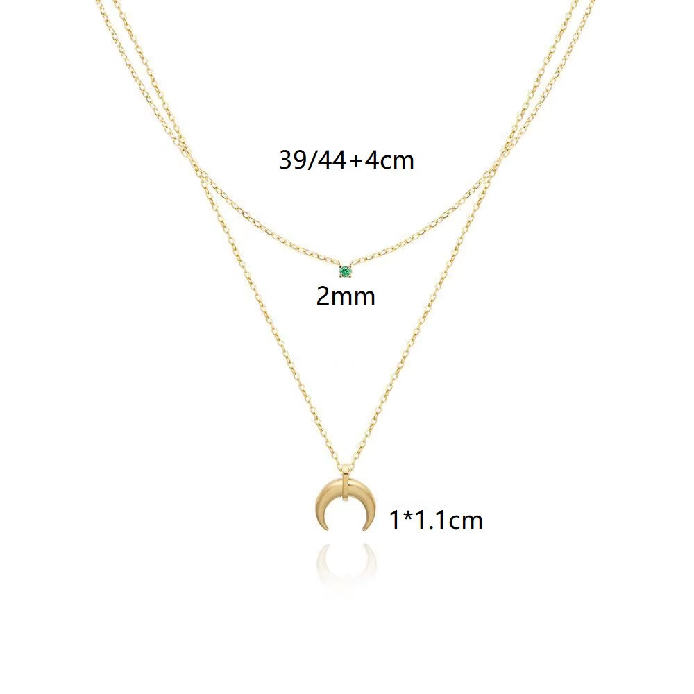 JOOLIM Ready to Ship High End 18K Gold Plated Stainless Steel Jewelry Double-Layer Crescent Green Zirconia Necklace