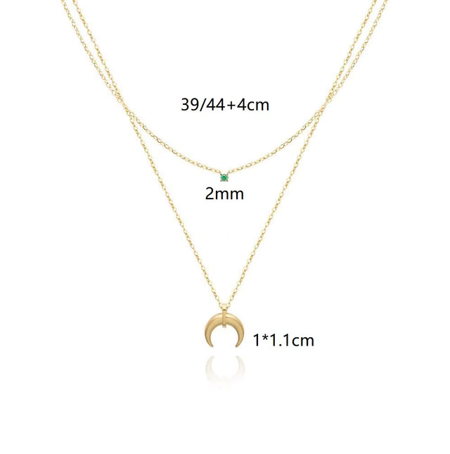 JOOLIM Ready to Ship High End 18K Gold Plated Stainless Steel Jewelry Double-Layer Crescent Green Zirconia Necklace