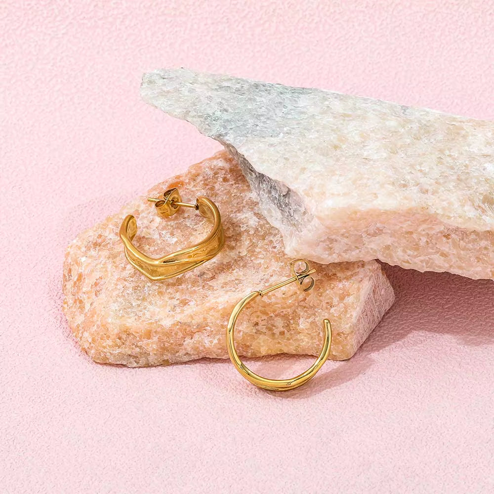 JOOLIM High End 18K Gold Plated Band C Wrinkle Chunky Hoop Earring Jewelry Stainless Steel for Women