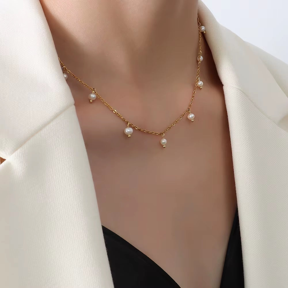 JOOLIM Ready to Ship High End 18K Gold Plated Stainless Steel Fresh Water Pearl Dangle Necklace