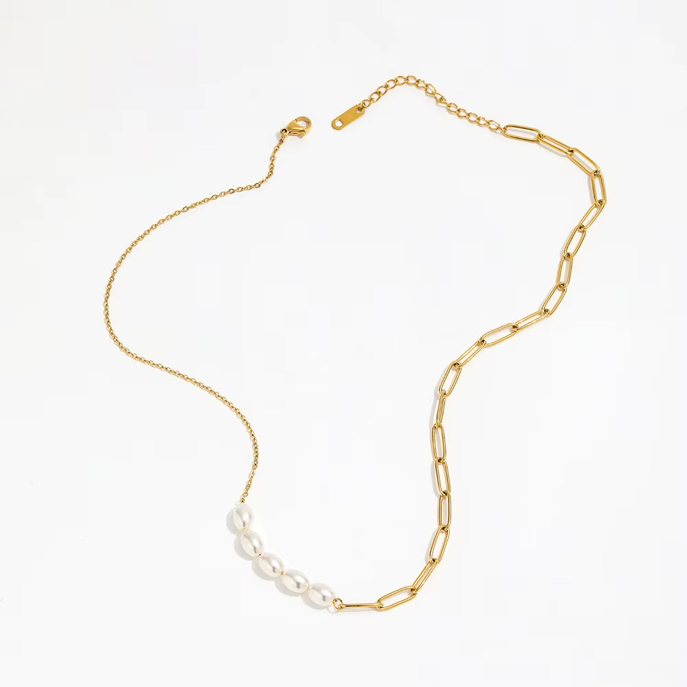 High End 18K Gold Plated Jewelry Wholesale Pearl Paper Pin Mixed Chain Necklace Asymmetric Stainless Steel Fashion Jewelry