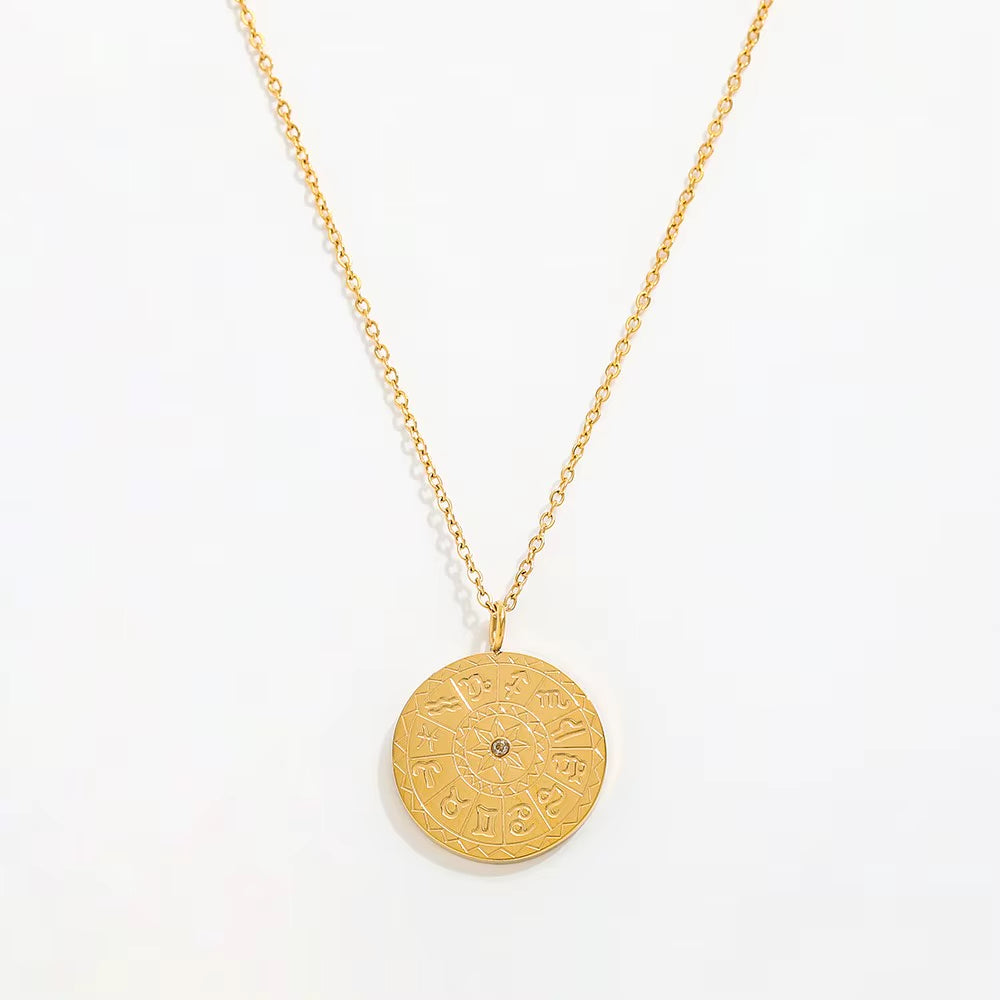 Joolim Jewelry 18K Gold Plated Vintage 12 Zodiac Coin Pendant Necklace Jewelry Wholesale Stainless Steel Necklaces