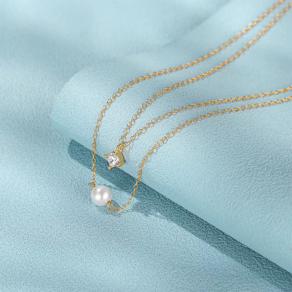 925 Sterling Silver 4 Claws round Single Zirconia Pearl Pendant Double-Layer Necklace Mini Style Silver Fashion Jewelry