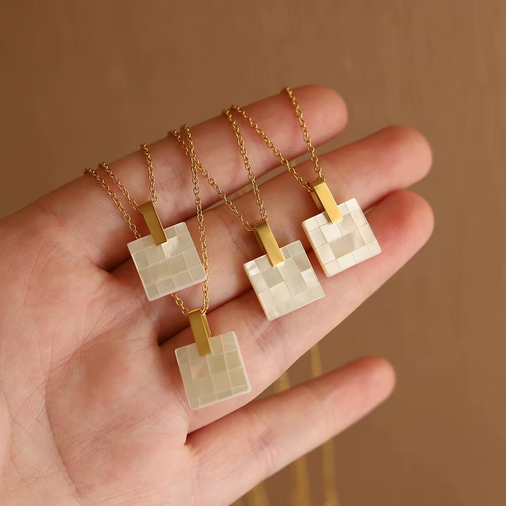 Joolim Jewelry 18K Gold Plated Mosaic Checkered Shell Square Pendant Necklace Stainless Steel Jewelry Wholesale Tarnish Free