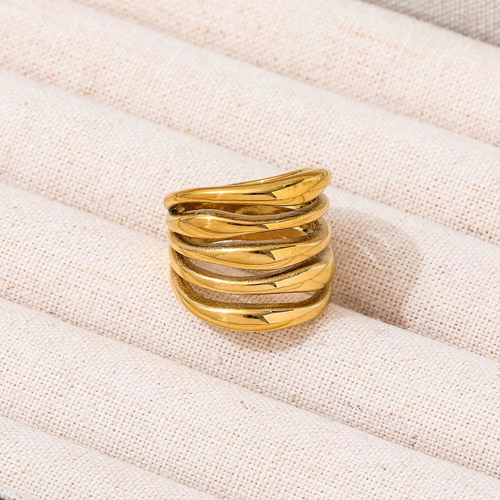 Tarnish Free High End 18K Gold Plated Hollow Multi-Layer Statement Band Ring for Women Stainless Steel Jewelry Gift Wholesale