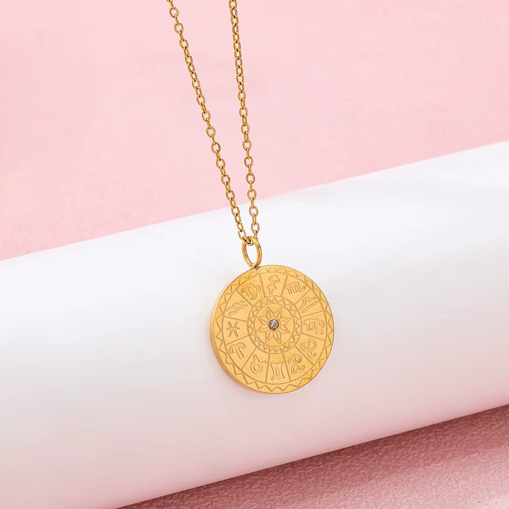 Joolim Jewelry 18K Gold Plated Vintage 12 Zodiac Coin Pendant Necklace Jewelry Wholesale Stainless Steel Necklaces