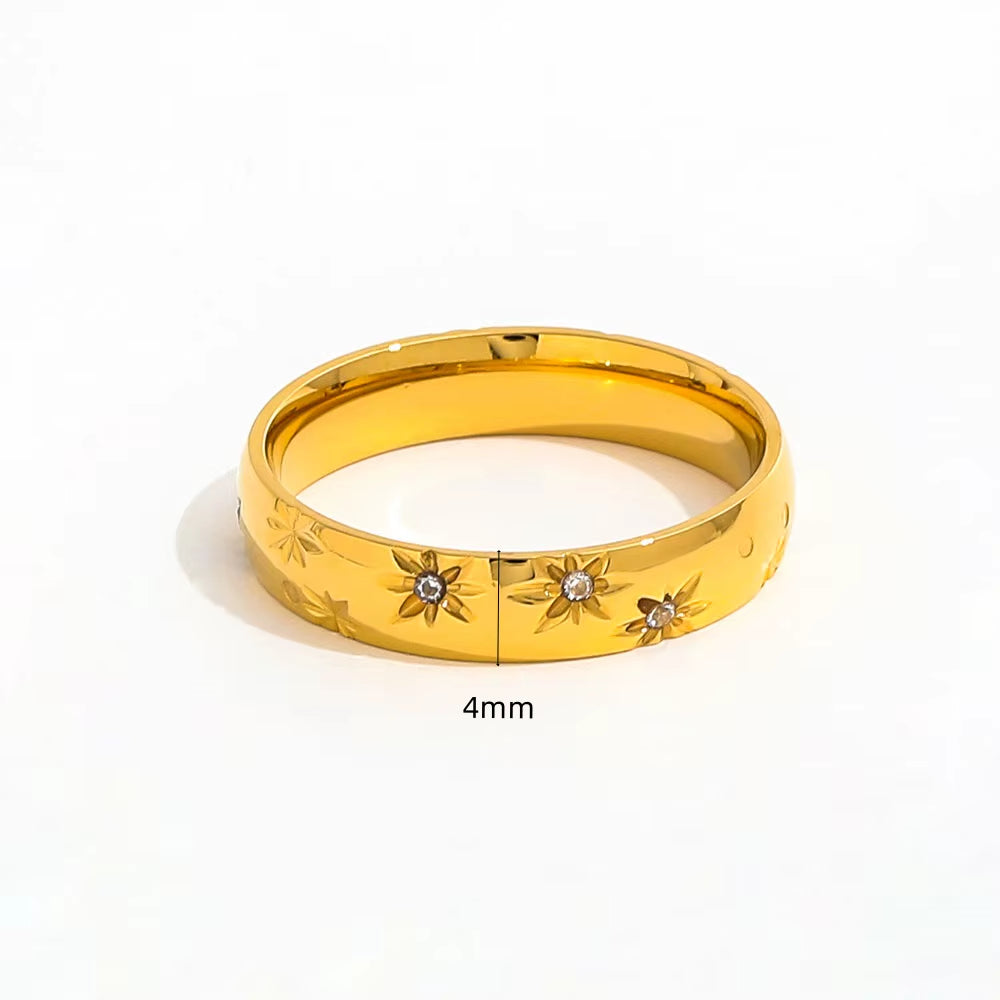 High End 18K Plain Gold Star Zircon Surround Band Ring Stainless Steel Trendy Simple Gold Plated Jewelry Gift